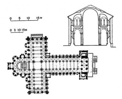 Сантьяго-де-Компостела. Паломническая церковь, 1078—1120 гг. План; поперечный разрез, мастер Матео