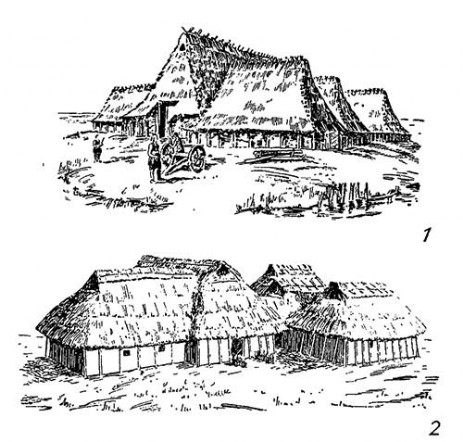 Городища Гольберг (1) и Эцинге (2). Типы жилищ времени гальштатской культуры